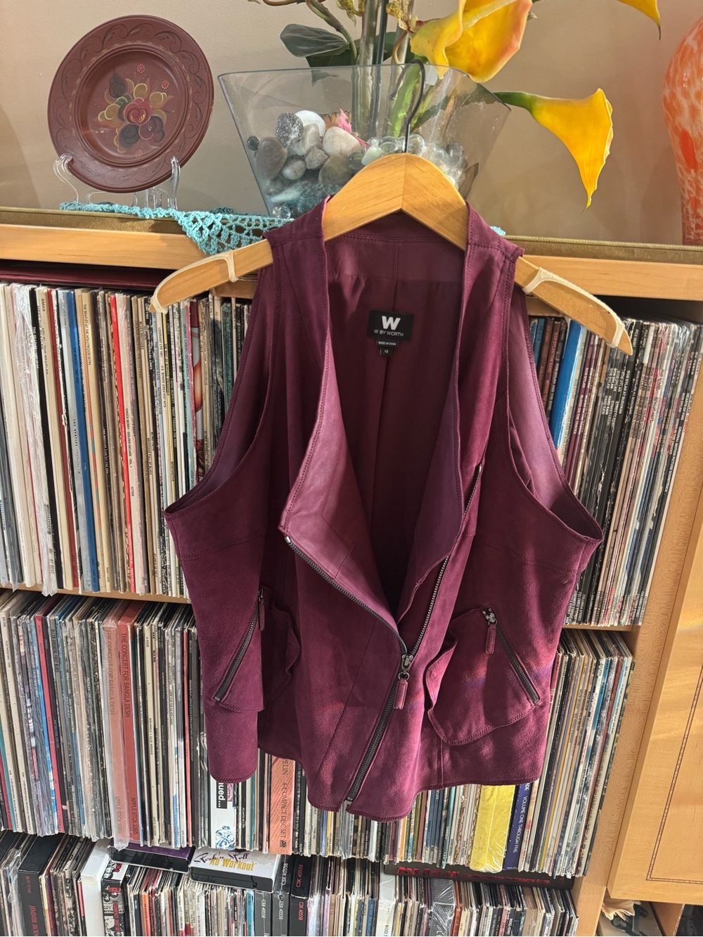 PRICE DROP: NWOT,W by Worth, 12,MERLOT LAMBSKIN SUEDE(FABRIC on back)MOTO VEST